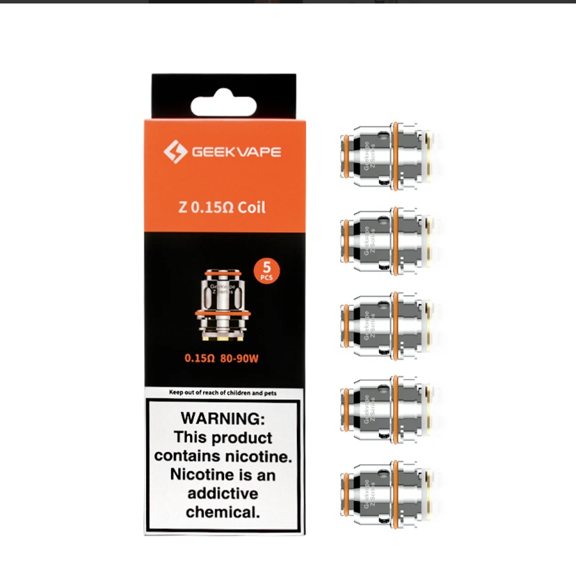 Box of Geekvape Z 0.15Ω coils (5 pcs) with image of five coil heads beside it; orange and black packaging; nicotine warning at bottom.