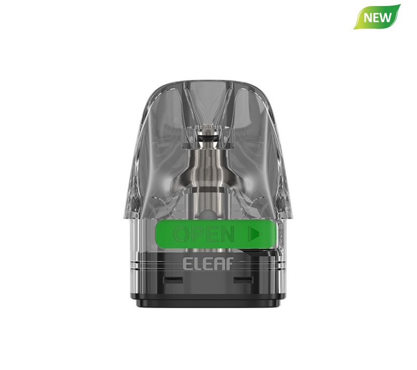 Transparent Vape Pod with a Green open Button on the Side and eleaf at the Base a new Badge in the Top-right Corner - Australia E-cigarette Store
