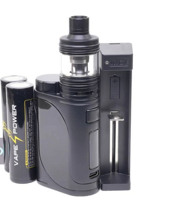 Portable vape mod with a clear tank on top and two spare black batteries beside it.