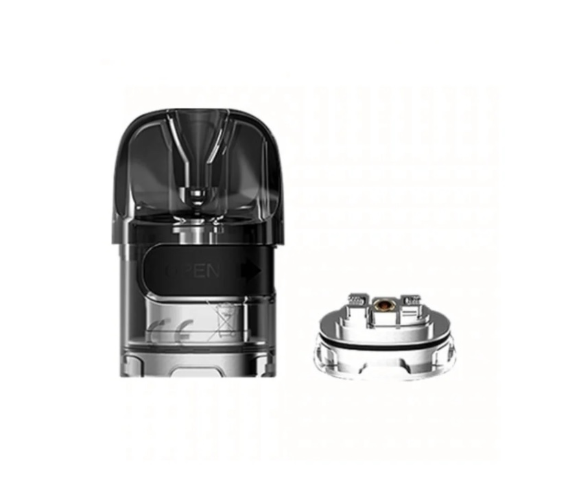 Rechargeable pod vape with a removable pod and USB-mesh mouthpiece, showing the pod and its cap separated.