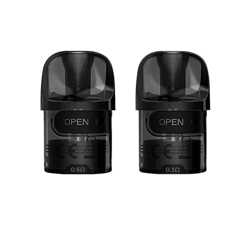 Two black vape pods shown side by side, each with an open top and 'OPEN' label; one is 0.6Ω and the other 0.3Ω.