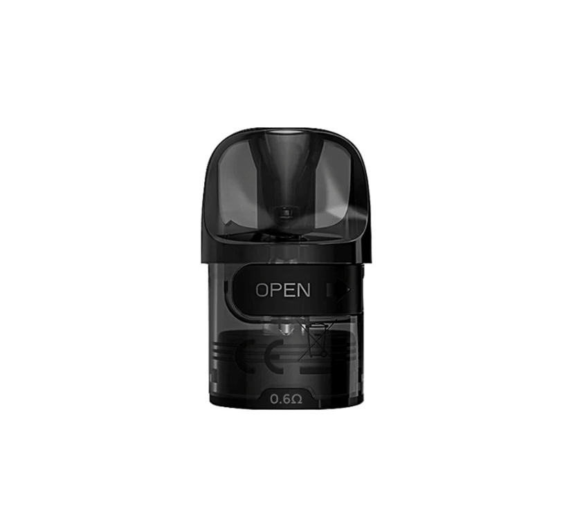 Black translucent vape pod cartridge with a black mouthpiece, showing an 'OPEN' label on the side and a visible coil inside