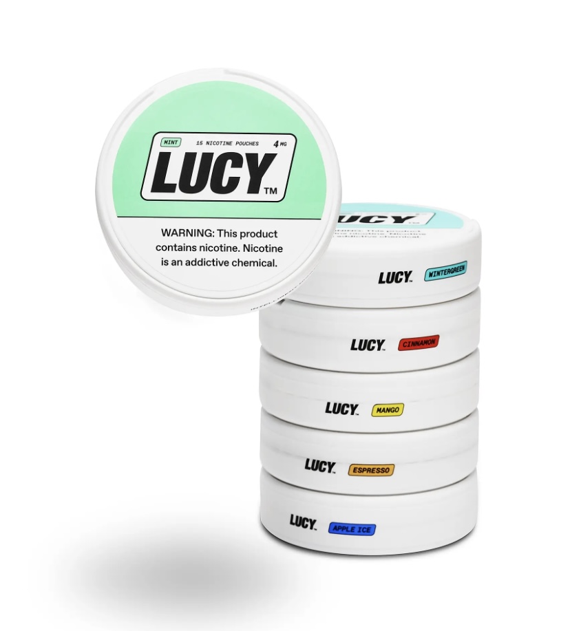 Stack of Lucy nicotine pouch tins with mint flavor on top and a nicotine warning label visible on the lid.