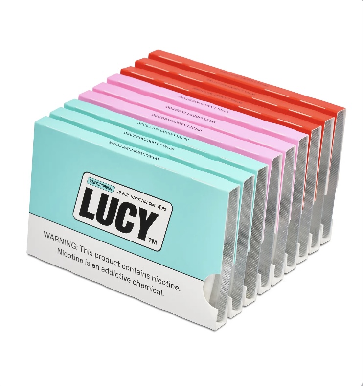Row of Lucy nicotine pouch boxes in teal, pink, and red, fanned out on a white background.