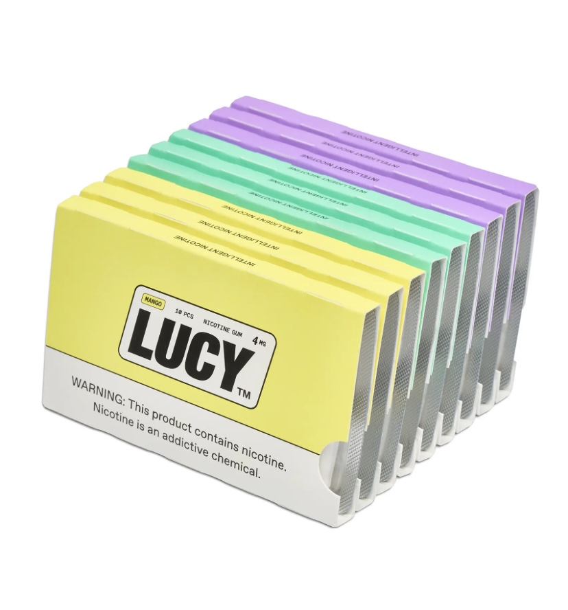 Lucy nicotine gum packaging: bright yellow front box with rainbow-colored sleeves arranged in a row, displaying the brand name and nicotine warning text on the front edge of the packaging