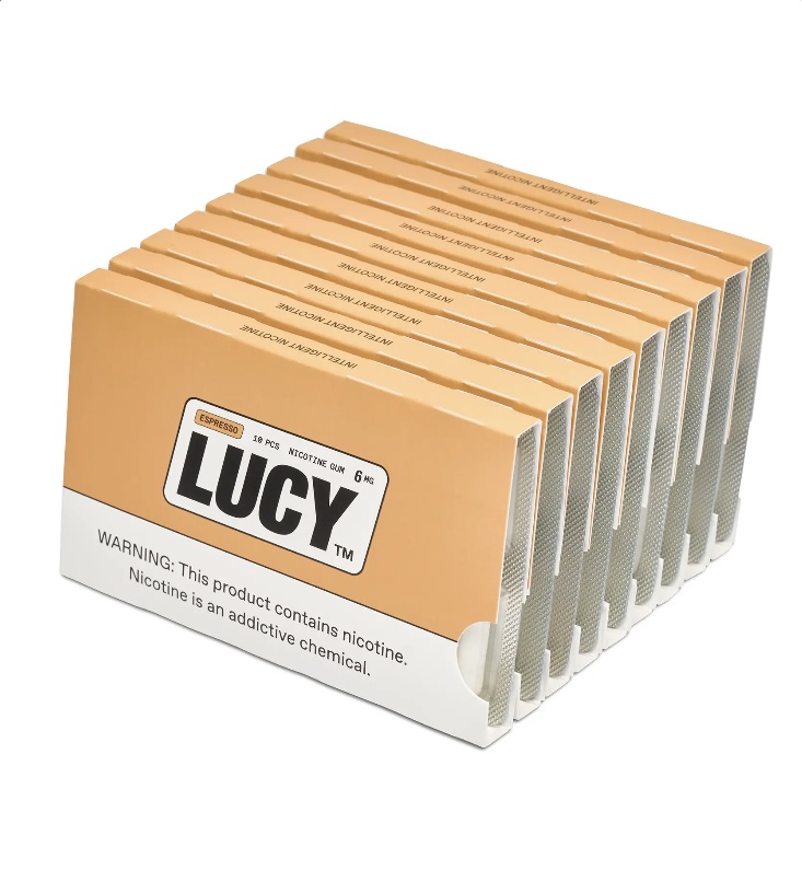 Rows of orange Lucy nicotine pouch boxes arranged diagonally, with the Lucy logo and nicotine warning visible on the front box.