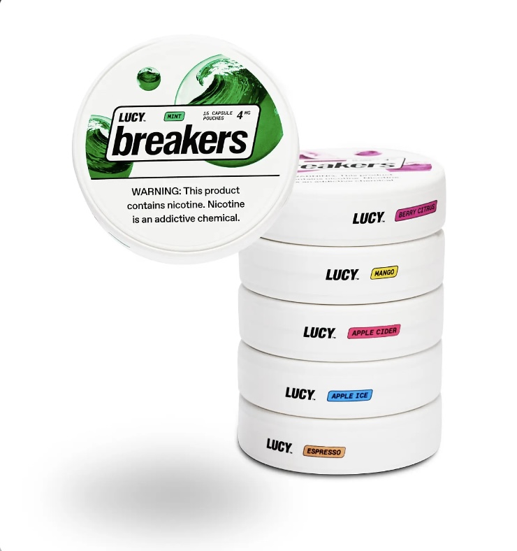 Stack of Lucy Breakers Nicotine Pouches Tins in Multiple Flavors with a Close-up Lid Featuring the Breakers Logo - Australia E-cigarette Store