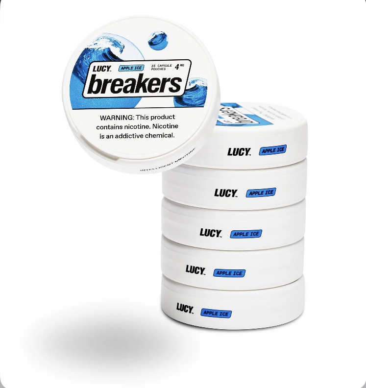 Stack of Lucy Breakers Apple Ice Nicotine Pouches with One Lid Open Showing the Label and Warning Text Beside It White Containers on a White Background - Australia E-cigarette Store