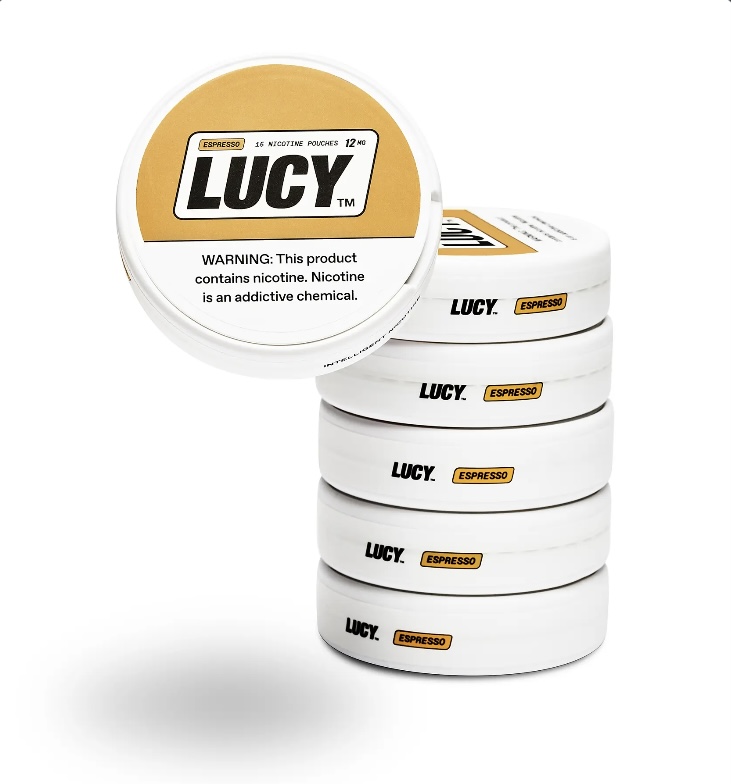 Stack of Lucy Espresso Nicotine Pouch Tins with One Lid Facing Forward Showing the Lucy Logo and Warning Label - Australia E-cigarette Store