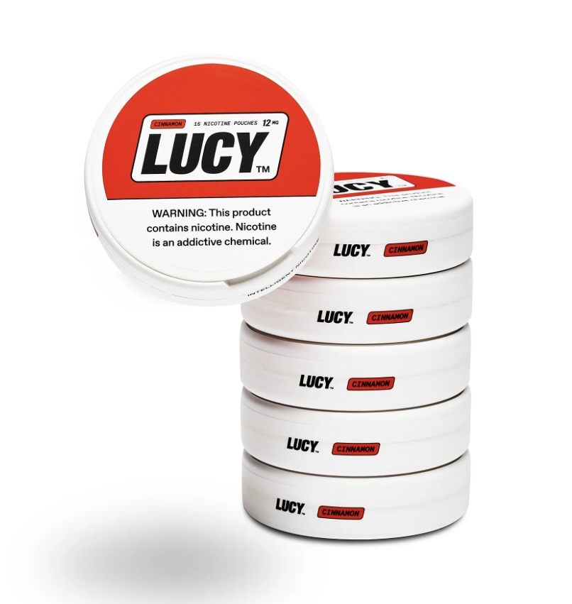Stack of Lucy Cinnamon Nicotine Pouch Tins with a Red-and-white Lid Showing the Warning Label - Australia E-cigarette Store