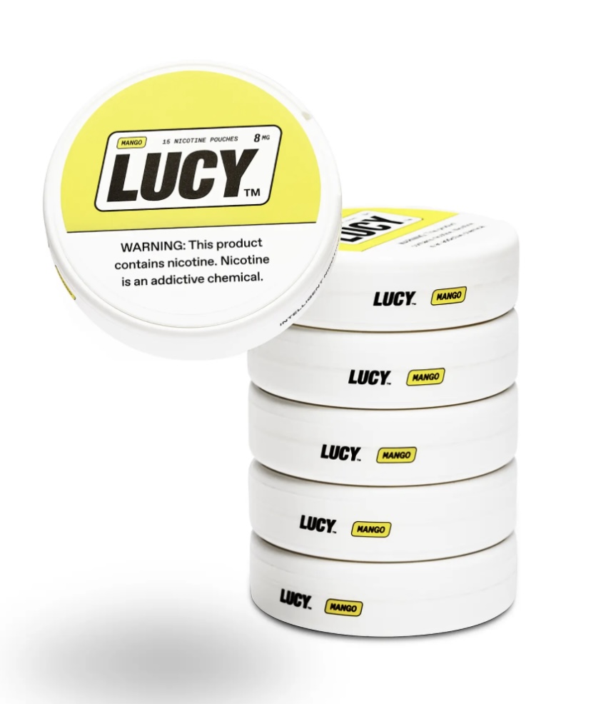 Stack of White Tin Containers Labeled Lucy Mango Nicotine Pouches with a Bright Yellow Lid and Warning Text Visible on the Front - Australia E-cigarette Store