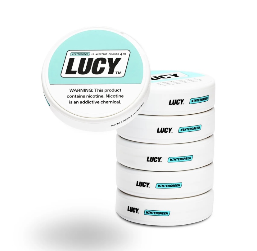 Circular Tin Label Reading Lucy Wintergreen with Warning About Nicotine White Tins Stacked to Show the Product Line - Australia E-cigarette Store
