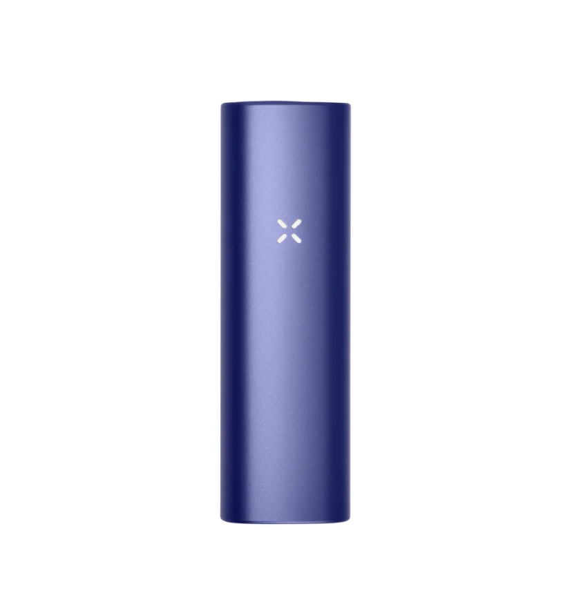 Blue cylindrical container standing upright with a small white X logo on the front against a white background