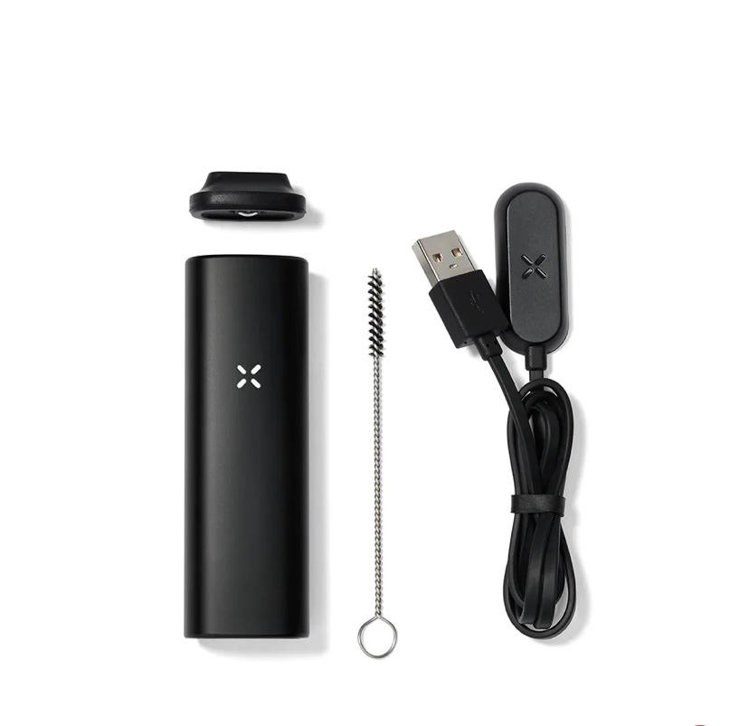 Black vape pod starter kit: battery block, removable mouthpiece, cleaning brush, and USB charging cable