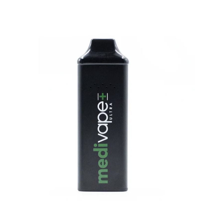 Black rectangular vape pod with a top mouthpiece, showing the vertical branding 'medivape ultra' in white and green.