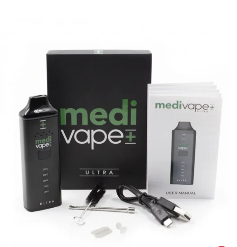 MediVape Ultra starter kit: black vape device with box, user manual, USB charging cable, brushes, and small accessories.