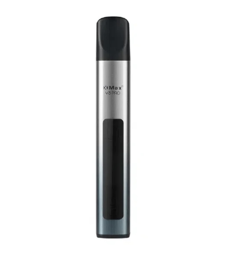 XMax V3 Pro vape pen standing upright with a silver body, black mouthpiece, and a dark window panel.