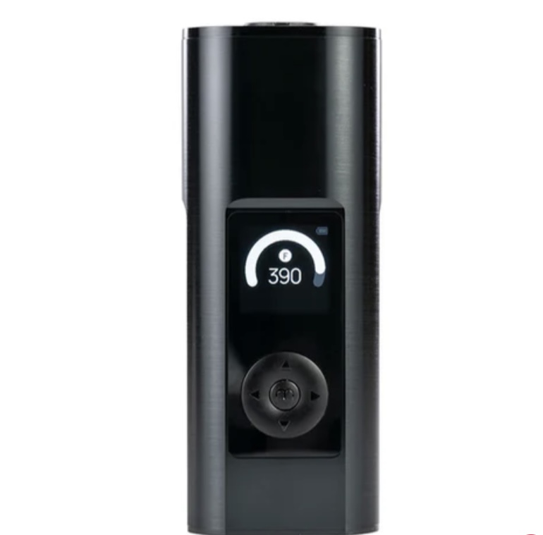 Black vape mod standing upright with a digital screen reading 390 and a circular control dial below it