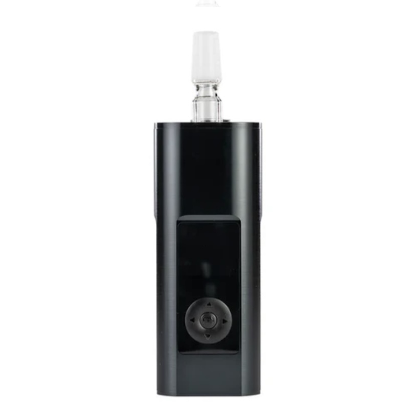 Black vape mod with a clear mouthpiece on top and a circular control wheel on the front, facing the viewer
