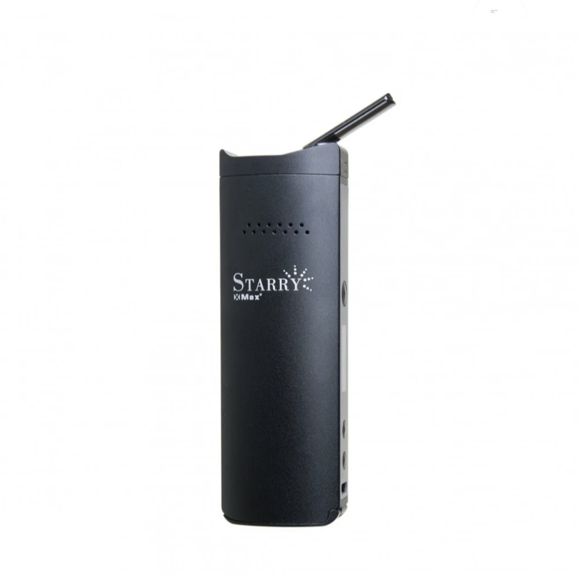 Black Starry iMax vaporizer with the mouthpiece extended on top, shown in side profile.
