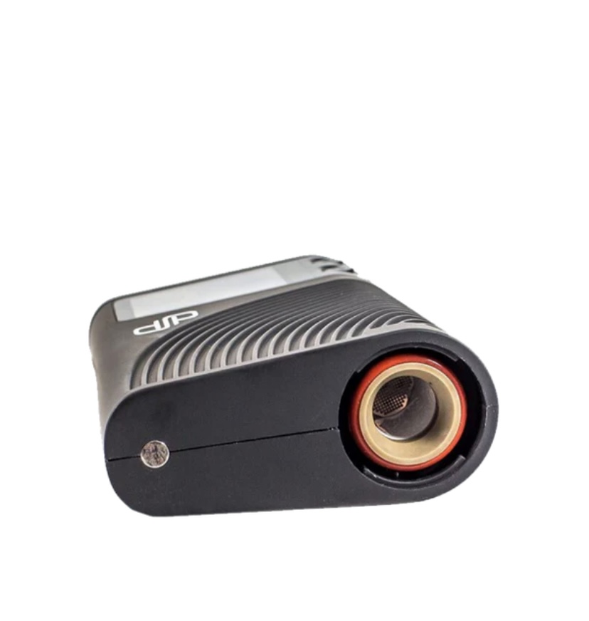 Compact action camera with a circular lens outlined in red and a textured gray body.