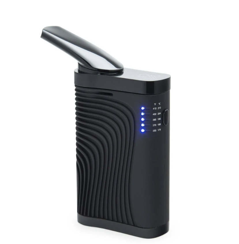 Black handheld torch lighter with a curved metal nozzle and blue LED fuel level indicators