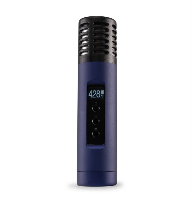 Blue handheld microphone with black grille and a digital display showing 428°F