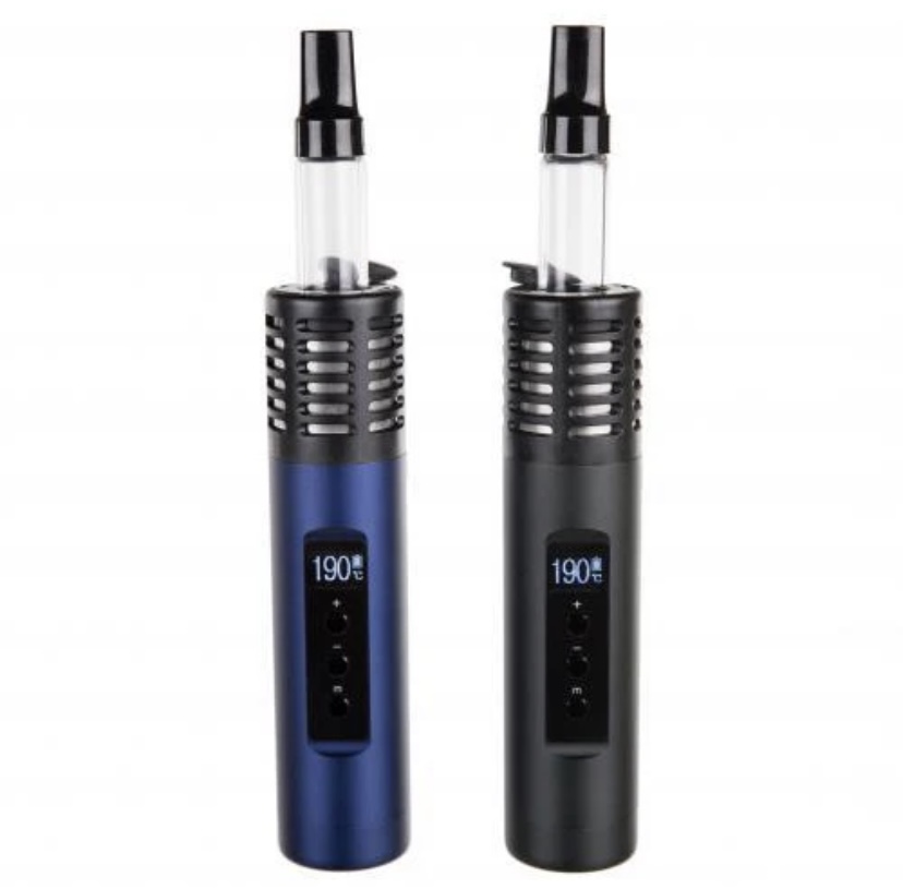 Two handheld vape devices side by side, one blue and one black, each with a digital display showing 190°C and a vented top with a clear glass mouthpiece.