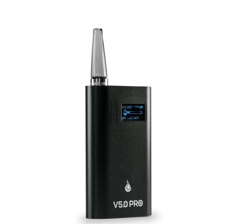Black handheld vape mod with a clear mouthpiece, blue OLED display, and 'V5.0 PRO' label on the front