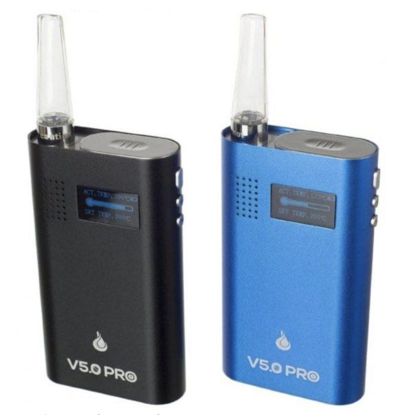 Two V5.0 Pro vape mods with glass mouthpieces, black and blue finishes, side USB/controls visible.