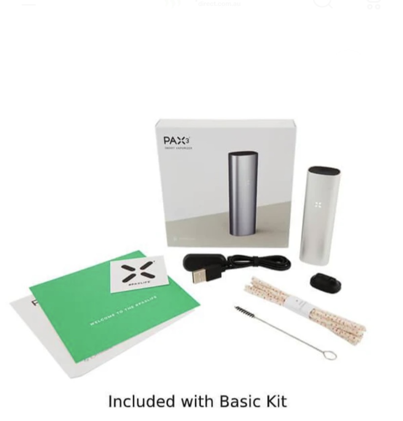 PAX basic kit contents: portable vaporizer, charging case, USB charging cable, cleaning tools, and instruction booklet in front of the box.