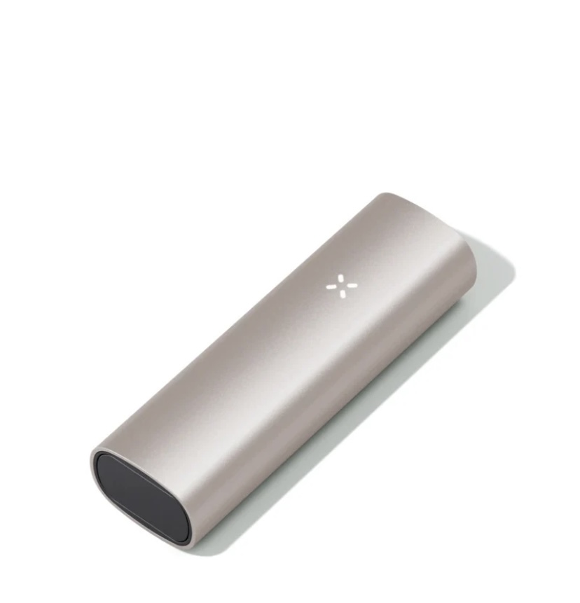 Slim metallic silver cylindrical gadget with a white plus mark on top, angled on a white background.