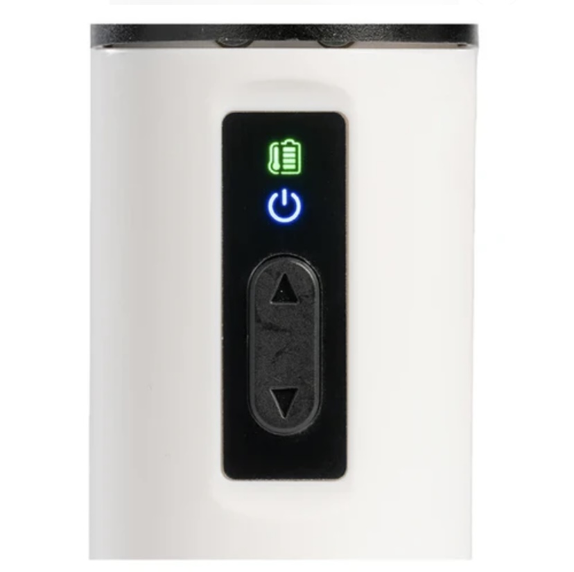 White device with a black vertical control panel showing a green battery icon, a blue power symbol, and up/down arrows on a white housing.”),