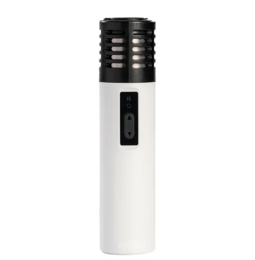 White handheld torch lighter with a vented black top and vertical flame control panel on the body.