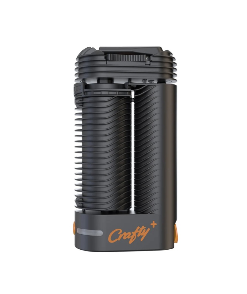 Portable vaporizer with a ribbed cooling chamber, black body, and orange Crafty+ logo at the base.