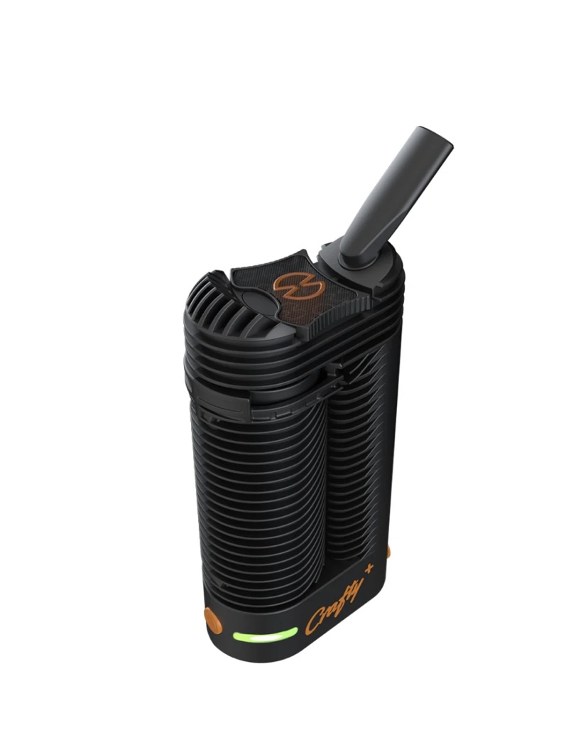 Handheld air pump with a raised gray nozzle and ribbed black body with orange accents on a compact design