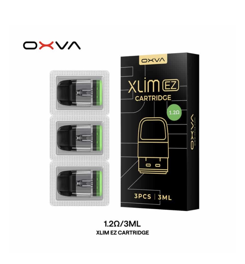 Oxva Xlim Ez Cartridge Box with Three Replacement Pods 12Ω 3ml Showcased Beside the Pods Image on White Background - Australia E-cigarette Store