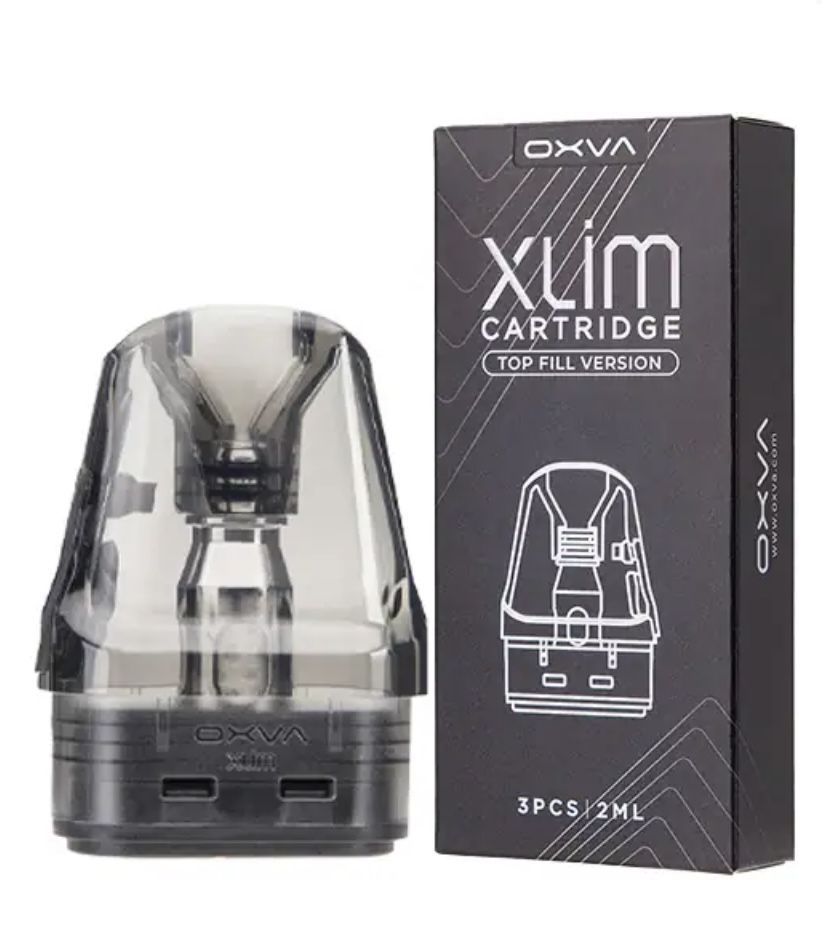 Xlim Cartridge Pod with a Dark Gray Box Labeled oxva Beside It Showing a Top-fill Vape Device - Australia E-cigarette Store