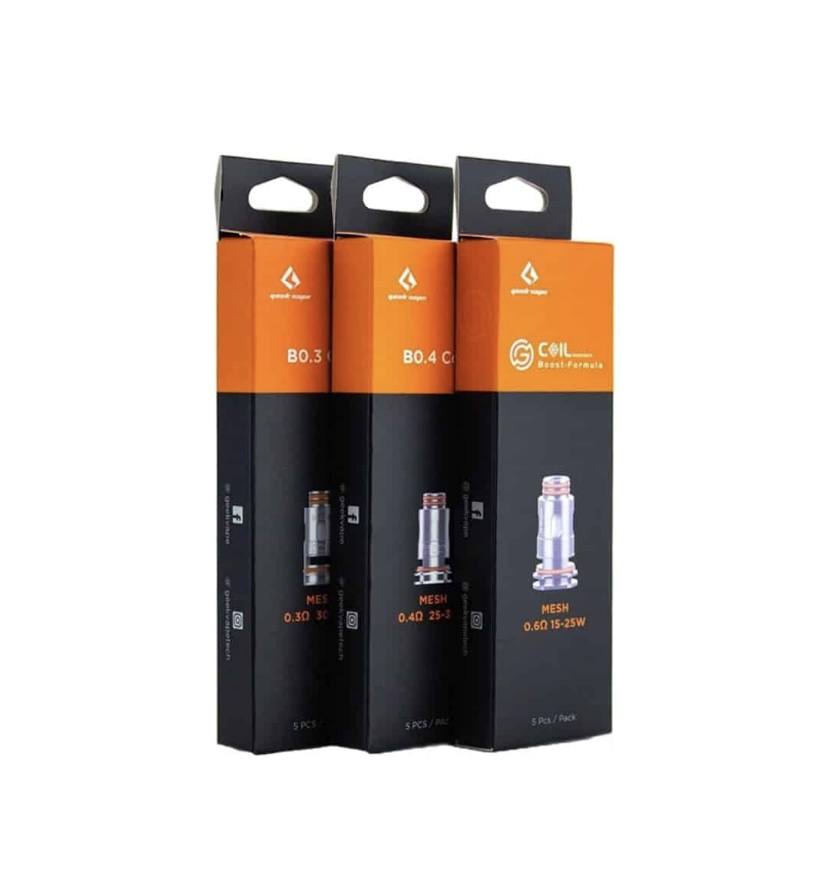 Three black and orange vape coil boxes standing upright, labeled BO.3, BO.4, and Mesh coils.