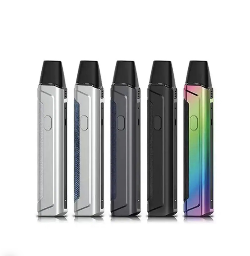 Five pod vape devices arranged in a row: silver, blue-accent, gray, black, and rainbow finish with black mouthpieces.