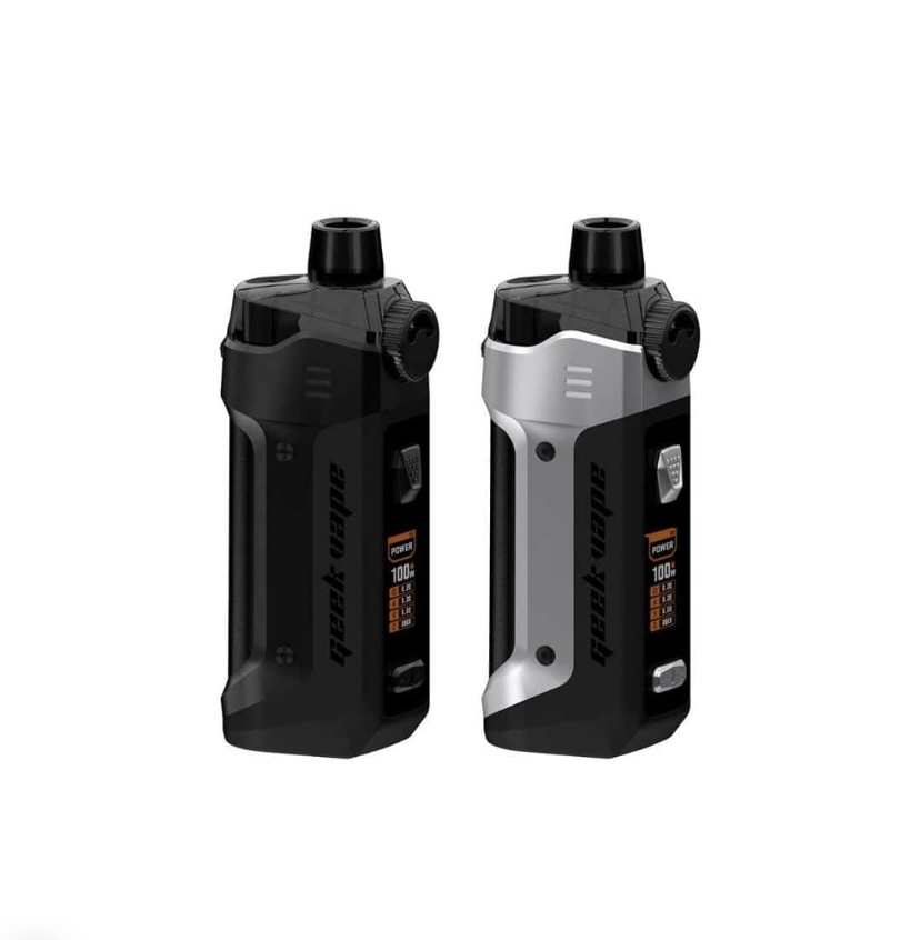 Two Compact Vape Mods Standing Upright Side by Side One Black and One Silvergray Variant - Australia E-cigarette Store