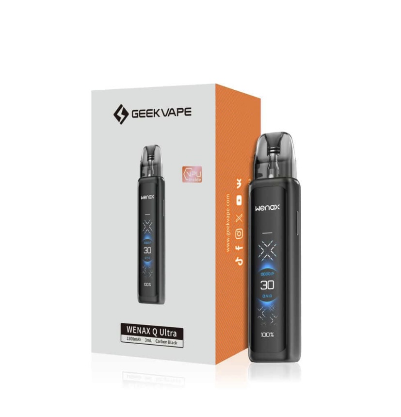 Vape pod device Wenax Q Ultra next to its white-and-orange packaging, showing a black cylindrical device with a digital display and blue accents.