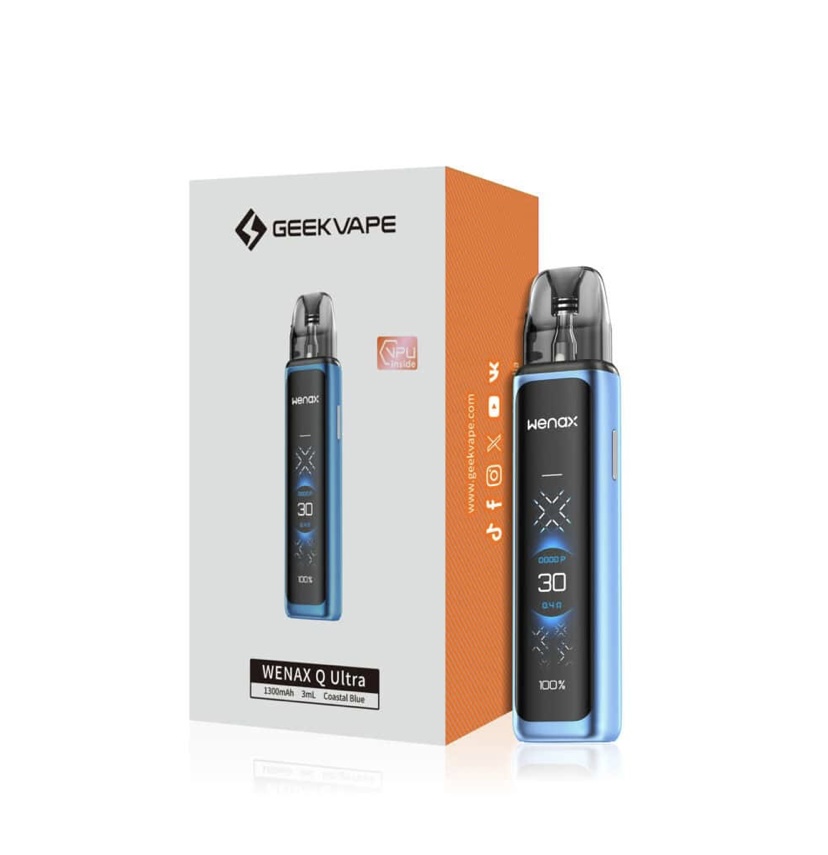Wenax Q Ultra vape kit box and blue device shown from front-right, highlighting packaging and pod device details.