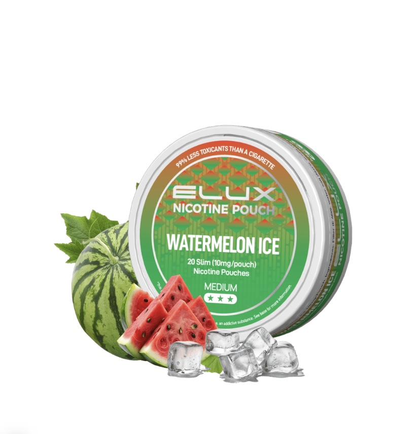 Tin of Nicotine Pouches Labeled Watermelon Ice with Watermelon Slices and Ice Cubes Beside It - Australia E-cigarette Store