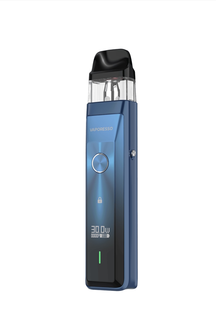 Blue Vaporesso Vape Mod with Pod Cartridge at the Top and a Digital Display Showing 300w and a Green Power Indicator - Australia E-cigarette Store