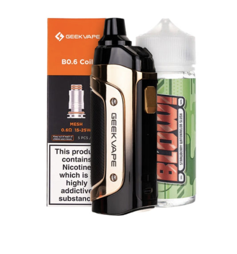 Vape mod with gold accents beside an e-liquid bottle and an orange GeekVape box, including a nicotine warning label (informative image).