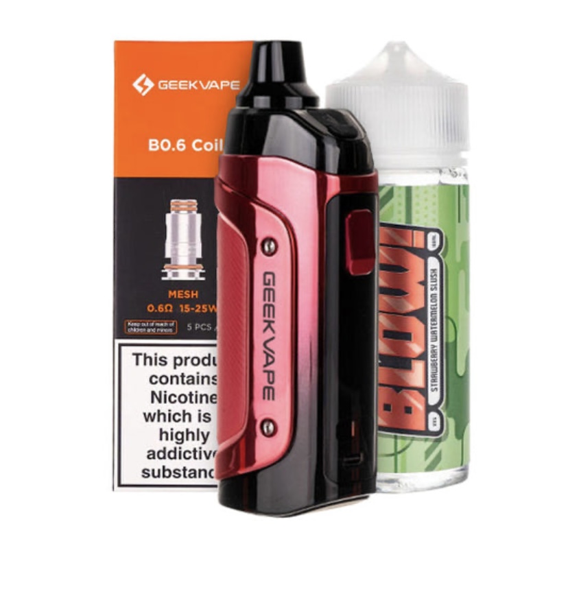 Red and black Geekvape pod system with an orange box and a green e-liquid bottle beside it, showing branding on the device and box as a vape kit image.