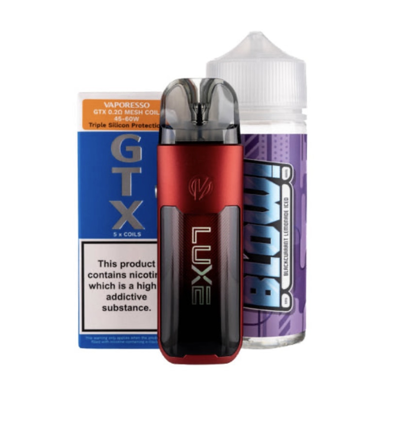 Red and black vape mod with a translucent mouthpiece, flanked by blue GTX nicotine box and a purple e-liquid bottle.