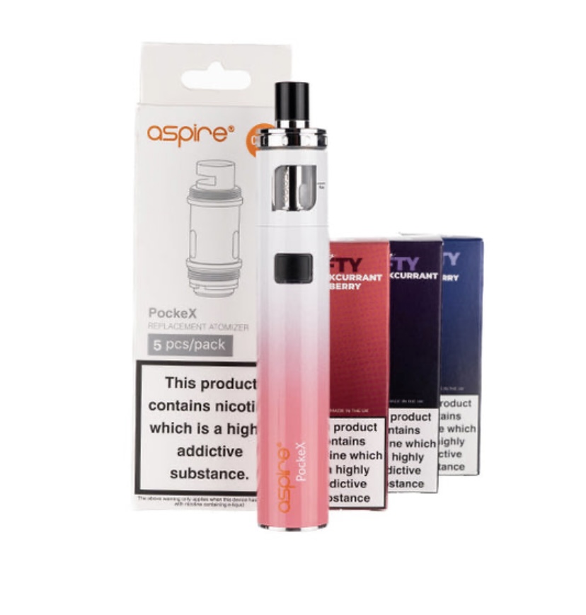 PockeX Aspire vape pen with pink gradient body and replaceable atomizer, shown with a 5-pack of replacement atomizers in the background.”,