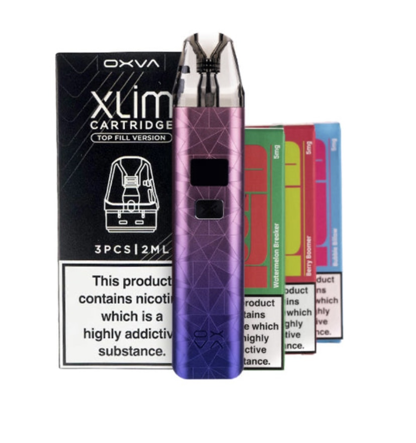 Purple Gradient Vape Device with Geometric Pattern Placed Before a Box of Xlim Cartridge and Colorful Cartridge Boxes with Nicotine Warning Label Visible - Australia E-cigarette Store